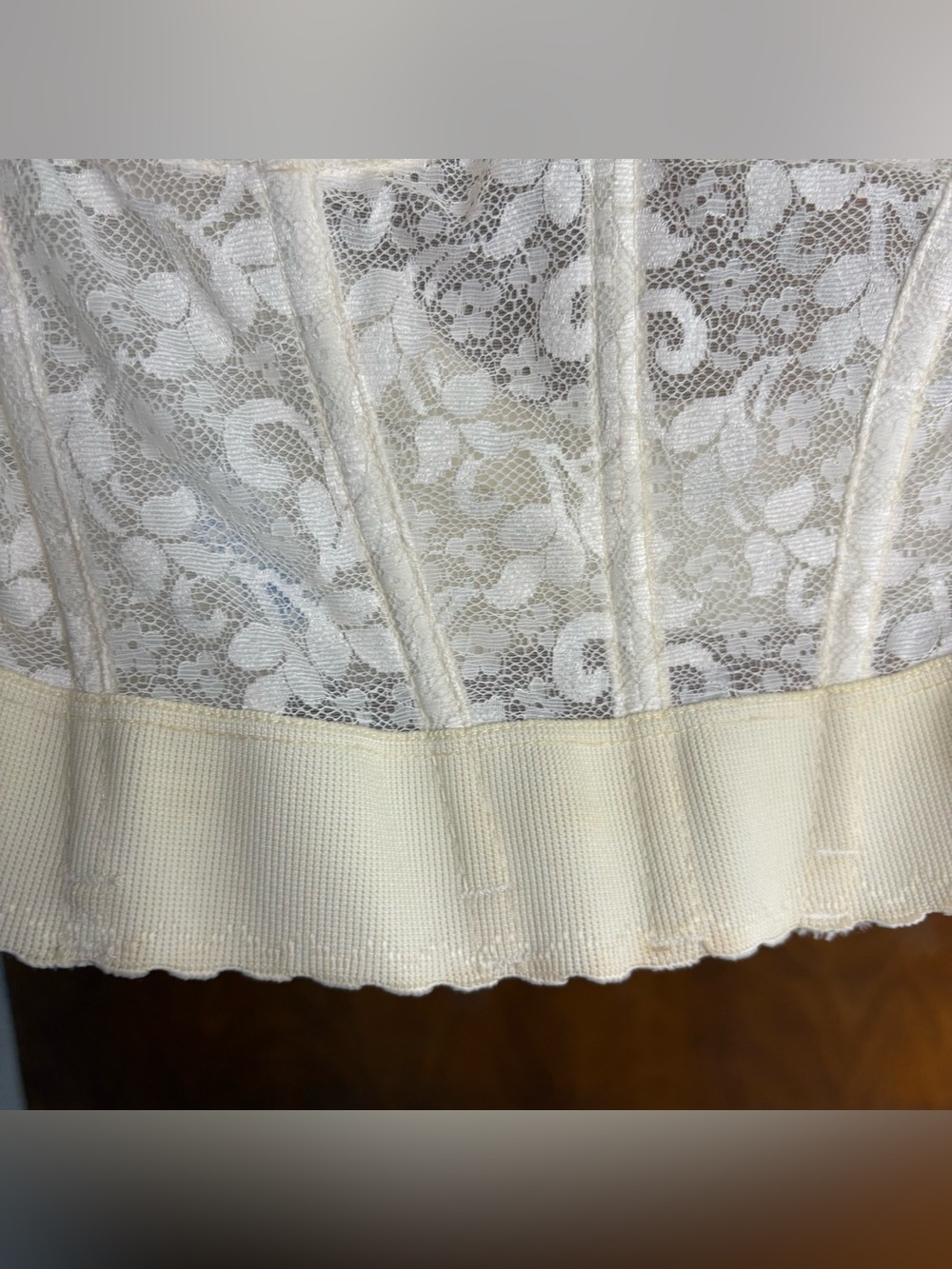 Vintage 70s Cream White Sheer Mesh Floral Lace Corset Top Bustier Longline Bra - Picture 13 of 16